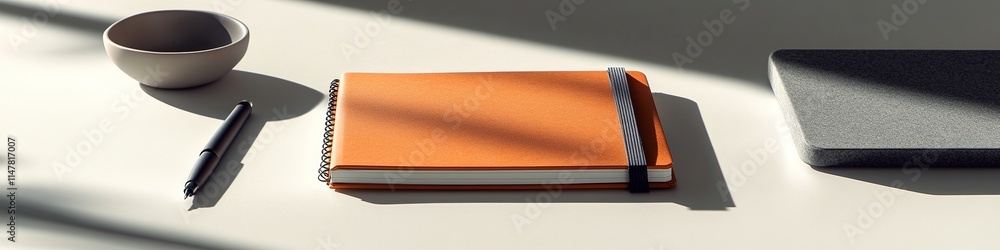 Aufkleber clean flat lay of office essentials including notebook and pen displayed on smooth matte surface und