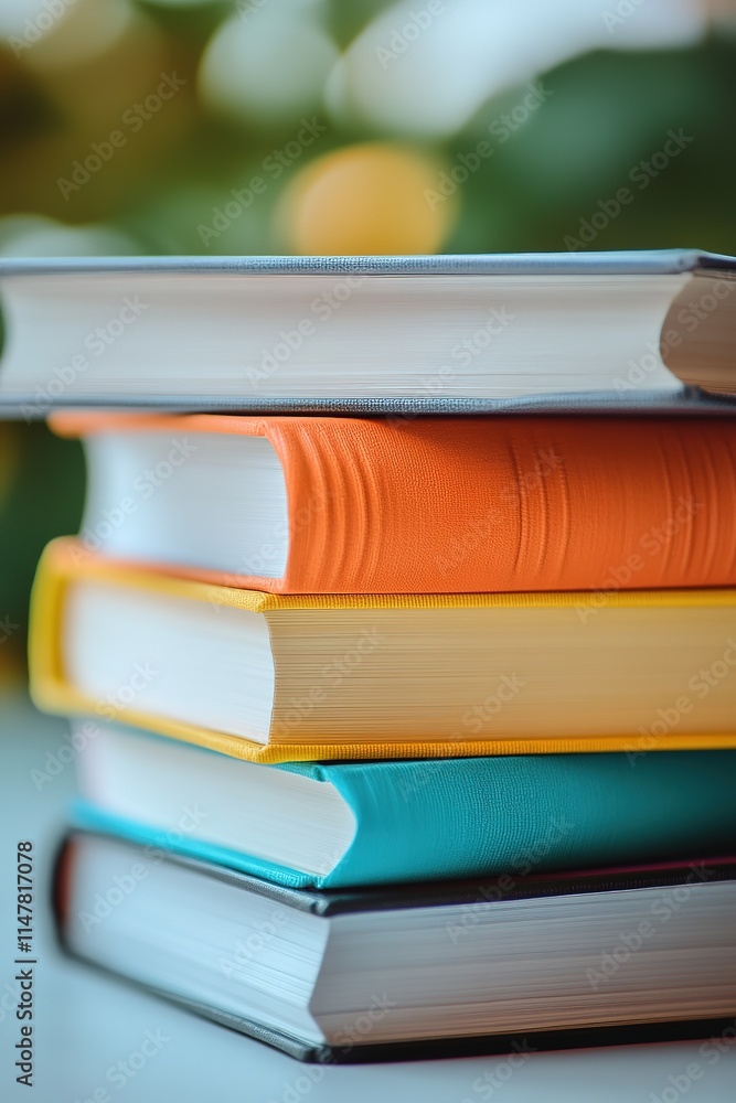 Poster clean stack of colorful books resting on matte surface with softly blurred background