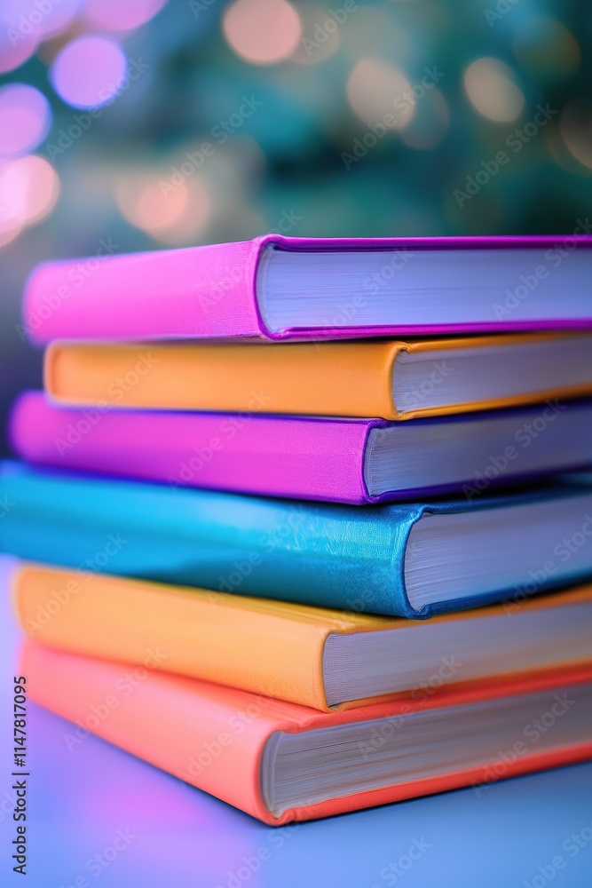 Poster clean stack of colorful books resting on matte surface with softly blurred background