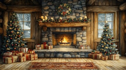 Watercolor painting of a festive gift exchange in a cozy living room filled with warm light