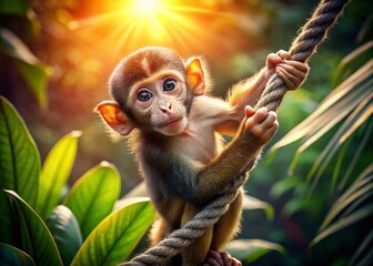 Cute Monkey Hanging Rope, Adorable Primate Swinging, Baby Monkey Wildlife Photo, Jungle Animal Image