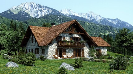 Fototapeta premium Mountain chalet with stone facade, wooden roof, and balcony, nestled in a lush green meadow.