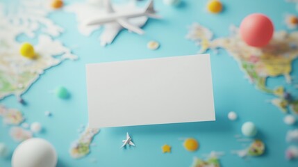 Blank card, toy planes, balls over world map.