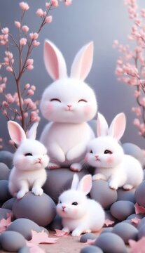 Conejos s&uacute;per tiernos y suaves mirando a c&aacute;mara. Estilo kawaii. Fondo azul gris