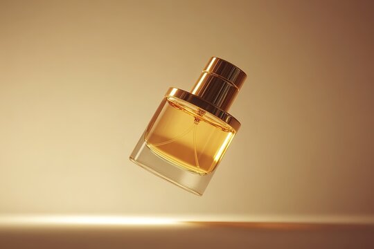 single elegant perfume atomizer floating mid-air with soft light illuminating its golden accents