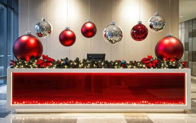 A trendy reception desk with oversized Christmas ornaments and holiday lights