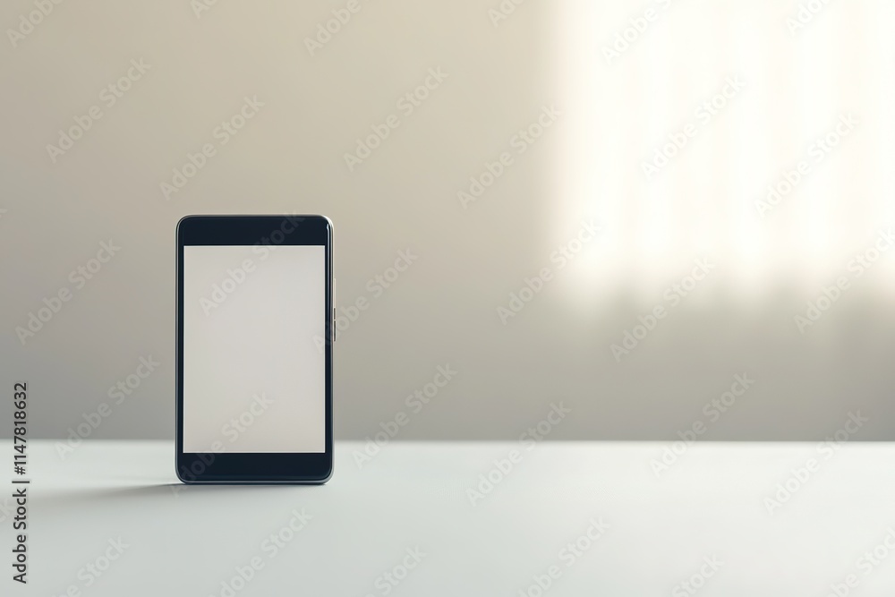 Poster single smartphone displaying blank screen resting on clean white surface with blurred neutral backgr