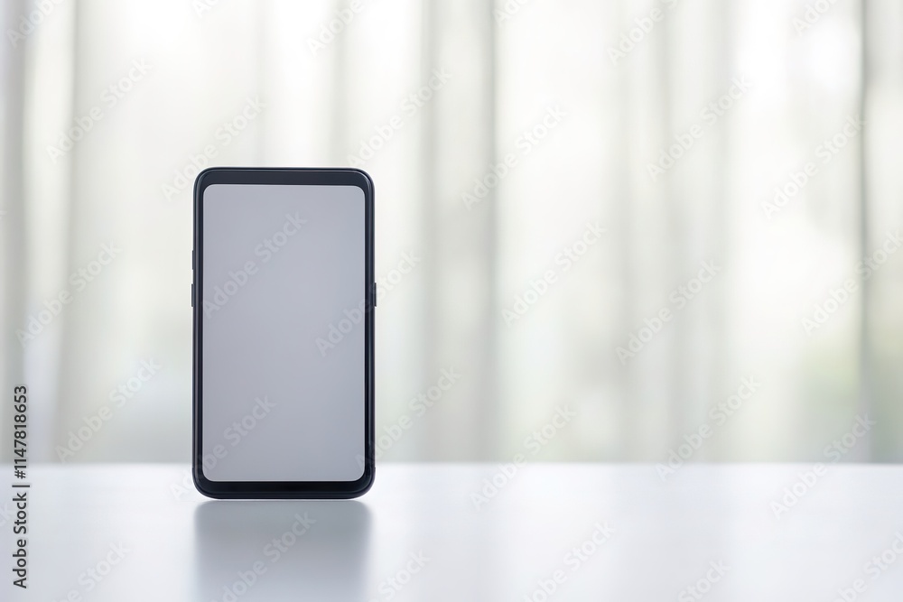 Poster single smartphone displaying blank screen resting on clean white surface with blurred neutral backgr