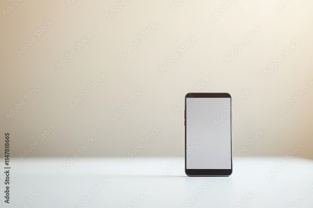 Poster single smartphone displaying blank screen resting on clean white surface with blurred neutral backgr