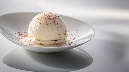 single scoop of ice cream with delicate sprinkles placed on reflective white ceramic plate under soft natural light