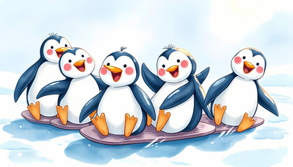 Fototapeta premium Cartoon penguins happily sliding on ice in a cheerful winter scene