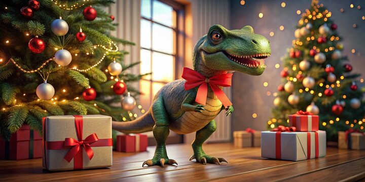 Cute Tyrex Dinosaur Christmas Delivery - Holiday Gift Courier, Adorable Dino, Christmas Tree Background
