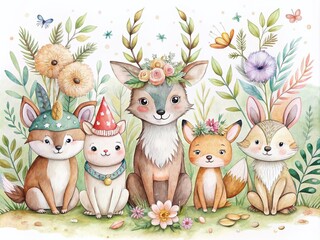 Obraz premium Cute Woodland Animals Watercolor Poster, Boho Kids Room Decor, Cartoon Animal Illustration