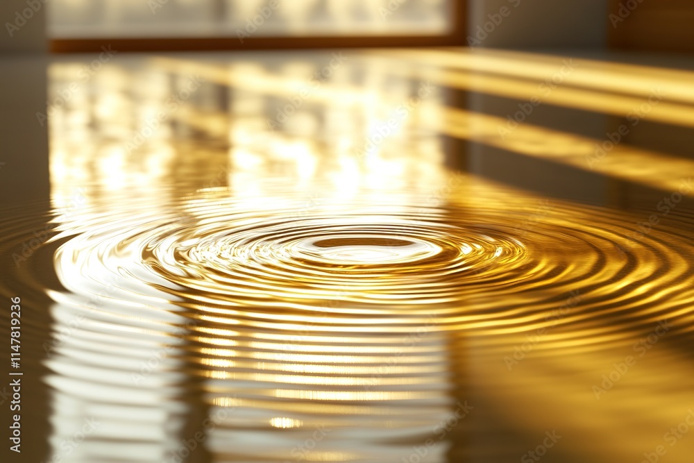 Poster clean ripple of golden liquid forming concentric patterns over reflective matte surface under bright