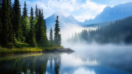 Fototapeta premium Mist rolls over a serene nature landscape and fog, creating an ethereal and tranquil scene