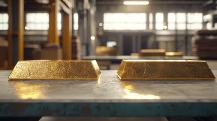 Three Gold Bullion Bars on a Table in a Warehouse Setting