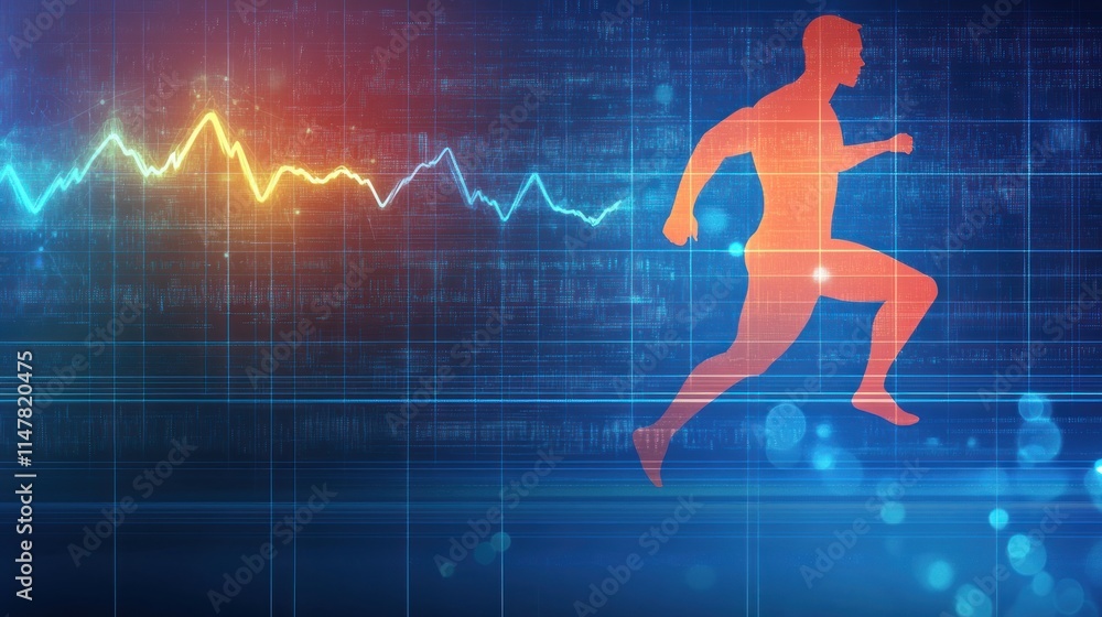 Poster runner silhouette on digital monitor with data pulse.