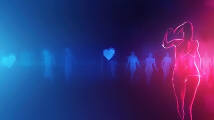 Neon female figure flexing with blurred people, hearts background.