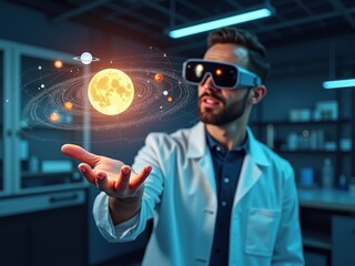 Scientist using virtual reality glasses to explore a 3D model of the solar system in a modern laboratory setting