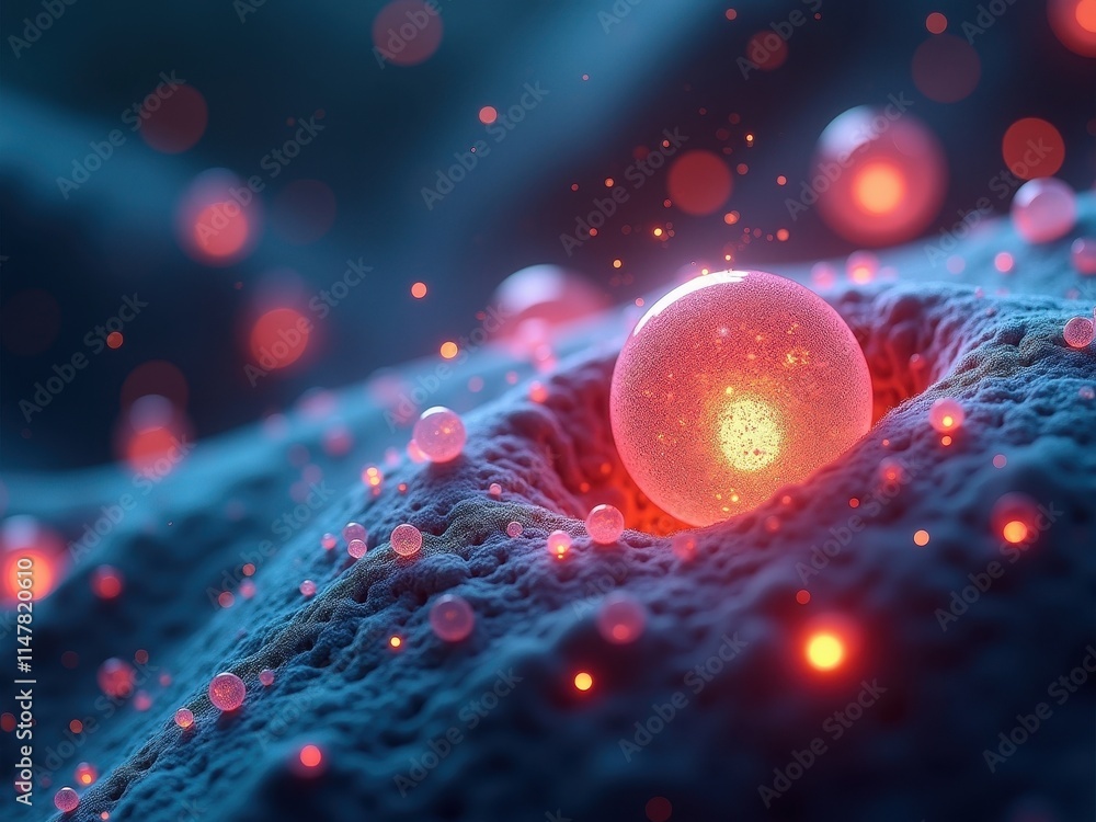 Poster Exploring microscopic structures with glowing particles in a detailed and vibrant environment of cellular textures