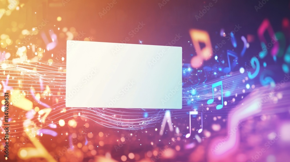 Poster abstract music notes background with a blank white rectangle.