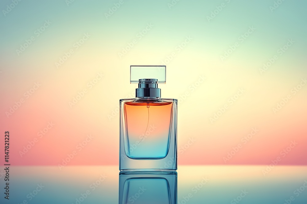 Poster single luxury perfume bottle displayed on reflective surface with soft gradient background