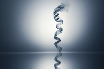 single spiraling thread of smoke forming dynamic helix above reflective surface under dim lighting