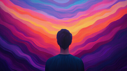 Emotional value  happiness  expression passion intensity. Person gazing at a vibrant, colorful abstract mural.