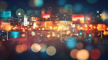 Glowing abstract city with digital interface over blurred light spots.