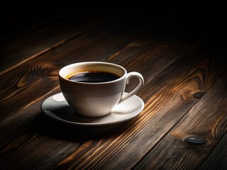 Obraz premium Dark Coffee Cup, Low Light Photography, Forced Perspective, Wooden Table, Half Full