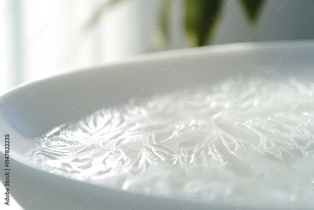 Aufkleber thin layer of frost forming delicate patterns on smooth white ceramic surface under soft natural lig