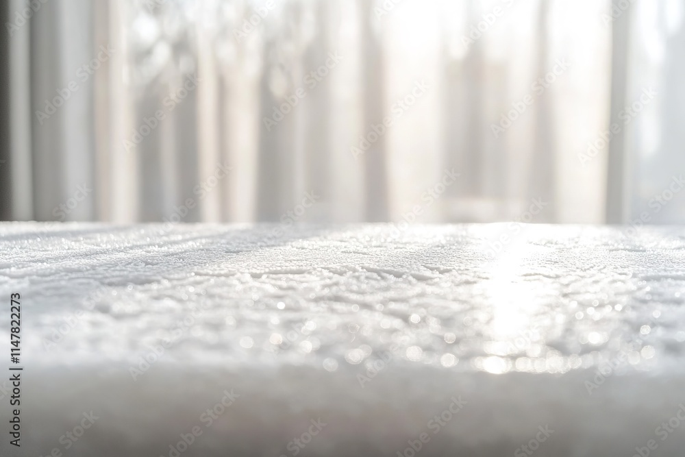 Poster thin layer of frost forming delicate patterns on smooth white ceramic surface under soft natural lig