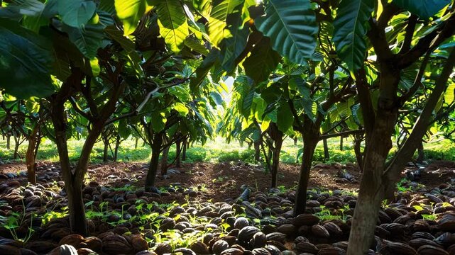 Thriving cocoa trees on lush plantation at sunset, highlighting green leaves and brown trunks. Peaceful rural scene of organic farming in tropical setting. Beauty of natural world captured