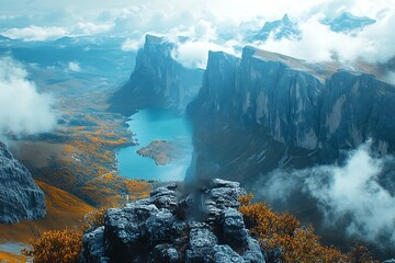 Majestic Mountain Landscape with Misty Lake