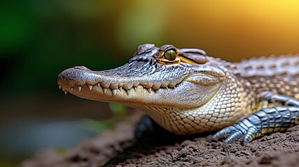 Fototapeta premium A serene close-up of a crocodile resting near a riverbank, its textured scales and sharp teeth highlighted by soft sunlight against a blurred natural background