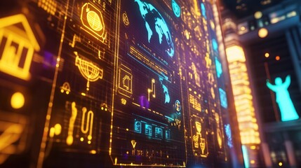 Obraz premium Futuristic building with glowing UI, world map, icons, and human figure.