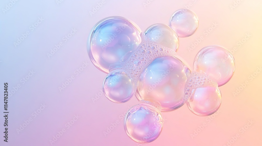 Poster cluster of floating bubbles reflecting soft pastel hues against blurred gradient backdrop