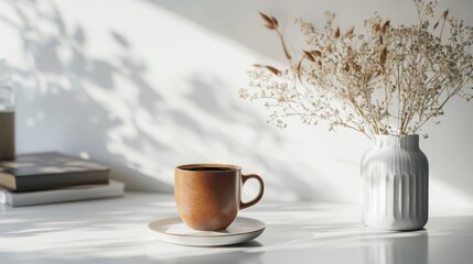 Elegant Coffee Setup with Ceramic Mug and Dried Flowers