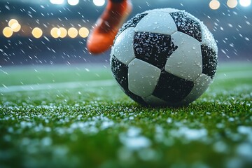 Naklejka premium Soccer ball in the rain on a wet field at night