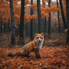 Obraz premium A delicate handcrafted fox sitting in a serene autumn forest, surrounded by vibrant orange and red leaves.