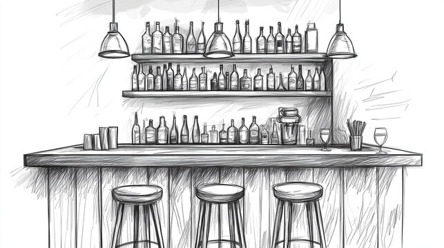 Sketch of a rustic bar with stools and shelves of bottles