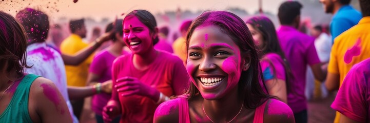 People celebrating holi festival with colors. holi is a festival of India. It is festival of colors and Joy also called as Dhuleti. Banner wide