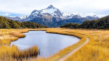 Naklejka premium Winding river in a golden autumn valley with a snow-capped mountain peak rising in the background under a cloudy sky.