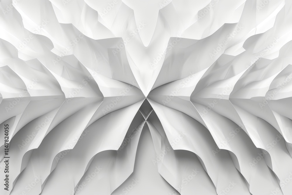 Poster abstract white 3d geometric pattern with sharp edges and folds forming a symmetrical, butterfly-like