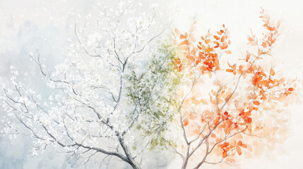 Seasonal change. Watercolor tree branches with white and orange blossoms