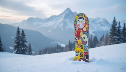 Snowboard with colorful design in serene winter landscape at sunset