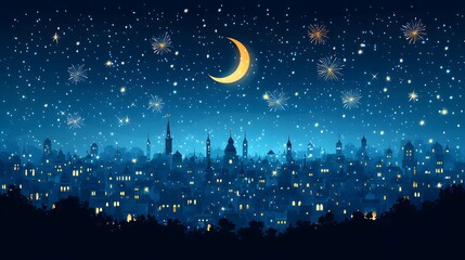 Flat vector of a serene Eid night with a crescent moon and colorful fireworks in the sky