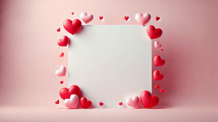 A blank white square surrounded by pink and red hearts on a soft pink background, ideal for adding text.
