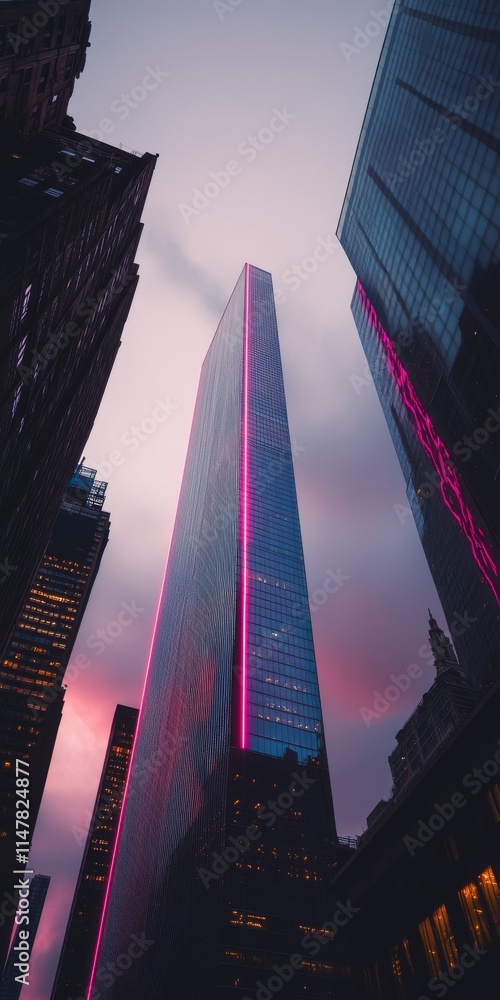 Poster a single skyscraper with neon lights, surrounded by ample copy space.