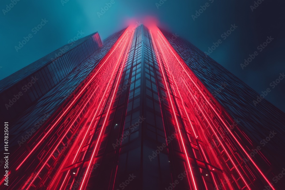 Poster a single skyscraper with neon lights, surrounded by ample copy space.